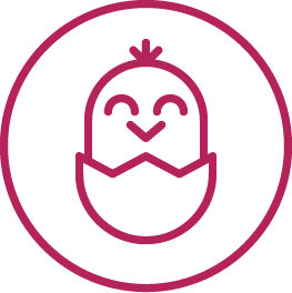 Icon of a chick peaking out from an egg with a pink outline on a white background