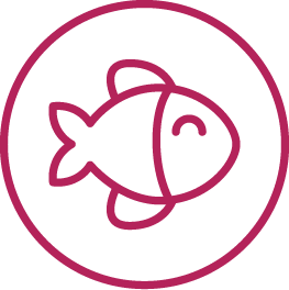 Simplified fish icon in a circular outline on a white background