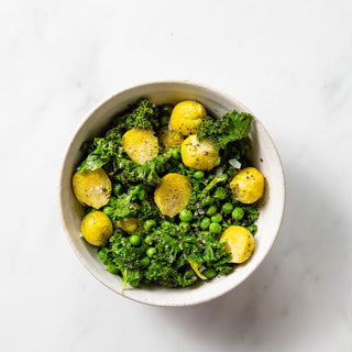 English peas and brussel sprouts with shredded kale