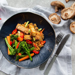 Vegan Sesame crusted Organic Tofu Teriyaki with Mushroom Brown Rice